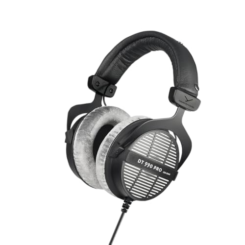 beyerdynamic DT 990 PRO, 250 Ohm, Open Back, Over Ear, Wired Headphones, 3m Coiled Cable, Black with Grey Velour Ear Pads