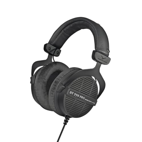 beyerdynamic DT 990 PRO, 250 Ohm, Open Back, Over Ear, Wired Headphones, 3m Coiled Cable, Black with Grey Velour Ear Pads