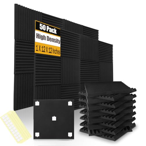 50 Pack Acoustic Foam Panels 1" X 12" X 12" Wedge Soundproof Studio Foam for Walls Sound Absorbing Panels Sound Insulation for Studio (50 Pack, Black)