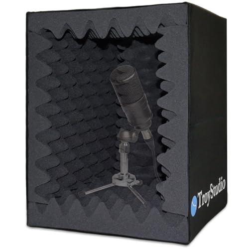 TroyStudio Portable Vocal Booth, Large Foldable Microphone Isolation Shield, Music Recording Studio Sound Echo Absorbing Box, Desk & Stand Use Reflection Filter with Thickened Dense Acoustic Foam