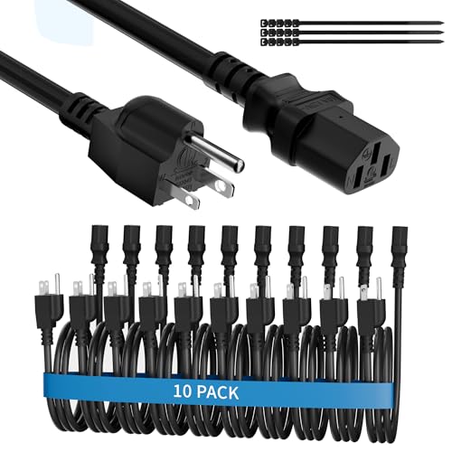 Adoreen Computer TV Monitor Replacement Power Cord 4 Ft/10 Pack, 3-Prong AC Universal Power Supply Cable 5-15P to IEC 320 C13 C14, SJT 18AWG 10A/125V for Treadmill Printer,PC,Desktop+Ties-ETL-Black