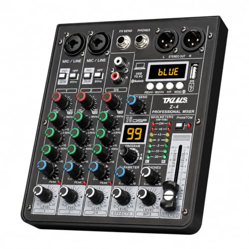 TKLBLS 4 Channel Podcast Audio Mixer, Compact Mixing Console with 99 DSP Effects, 48V Phantom Power, XLR Inputs for Recording, Home Studio