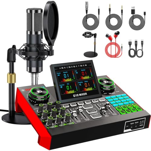 Podcast Microphone Bundle with Live Sound Board Audio Mixer, Podcast Equipment Bundle with 3.5mm Condenser Microphone(P15) for Pc/Phone Live Streaming Singing Gaming, Voice Changer, Denoise