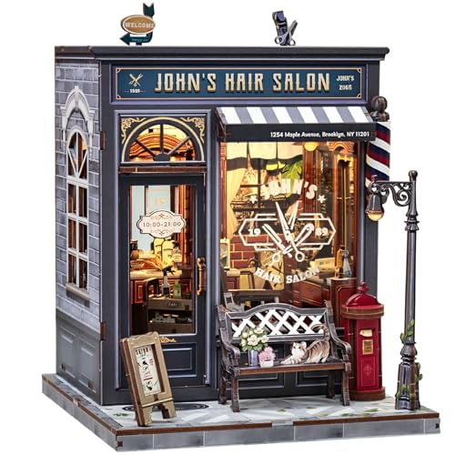 CUTEBEE Book Nook Kit - DIY Miniature House Dollhouse Kit for Adults, Booknook Hair Salon Barbershop Tiny House Bookshelf Decor 3D Wooden Puzzle, Gifts for Family and Friends (John's Hair Salon)
