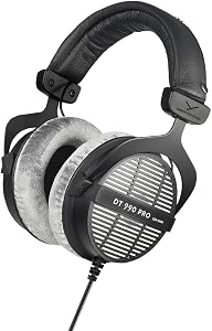 beyerdynamic DT 990 PRO, 250 Ohm, Open Back, Over Ear, Wired Headphones, 3m Coiled Cable, Black with Grey Velo