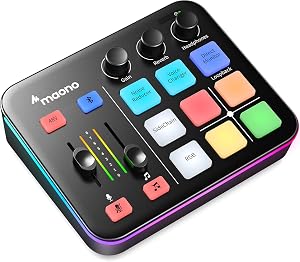 MAONO Gaming Audio Mixer, Audio Interface with Pro-preamp, RGB, Bluetooth, 48V Phantom Power for Live Streamin