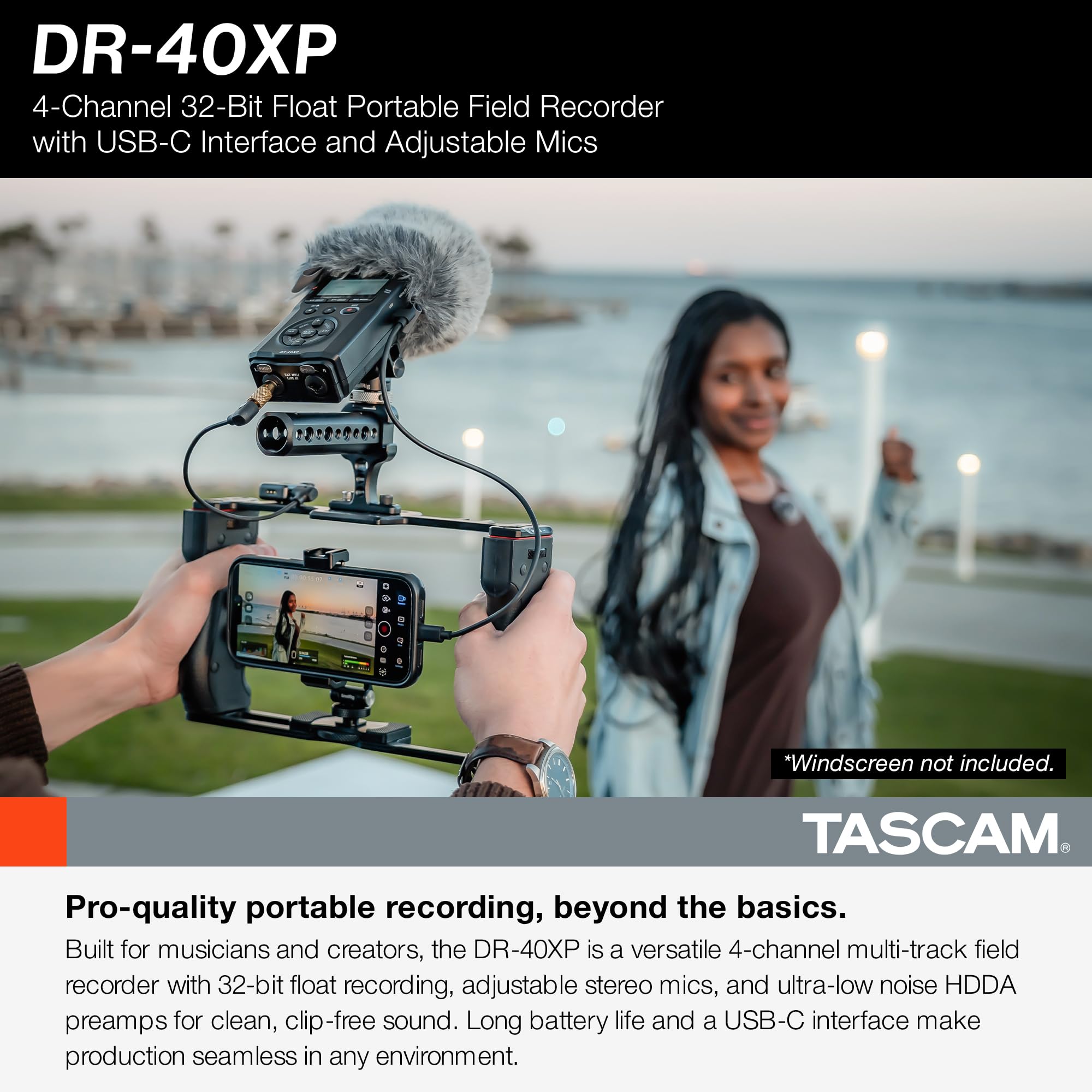 TASCAM DR-40XP 4-Channel 32-Bit Float Portable Handheld Field Recorder — Our hands-on testing setup for blue yeti vs audio-technic